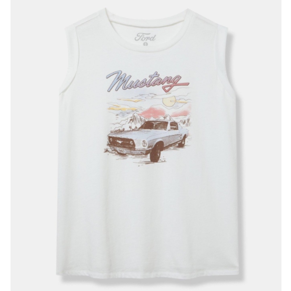 Torrid - Ford Mustang Graphic Cotton White Roll Short Sleeve Tank Top Shirt - 2X